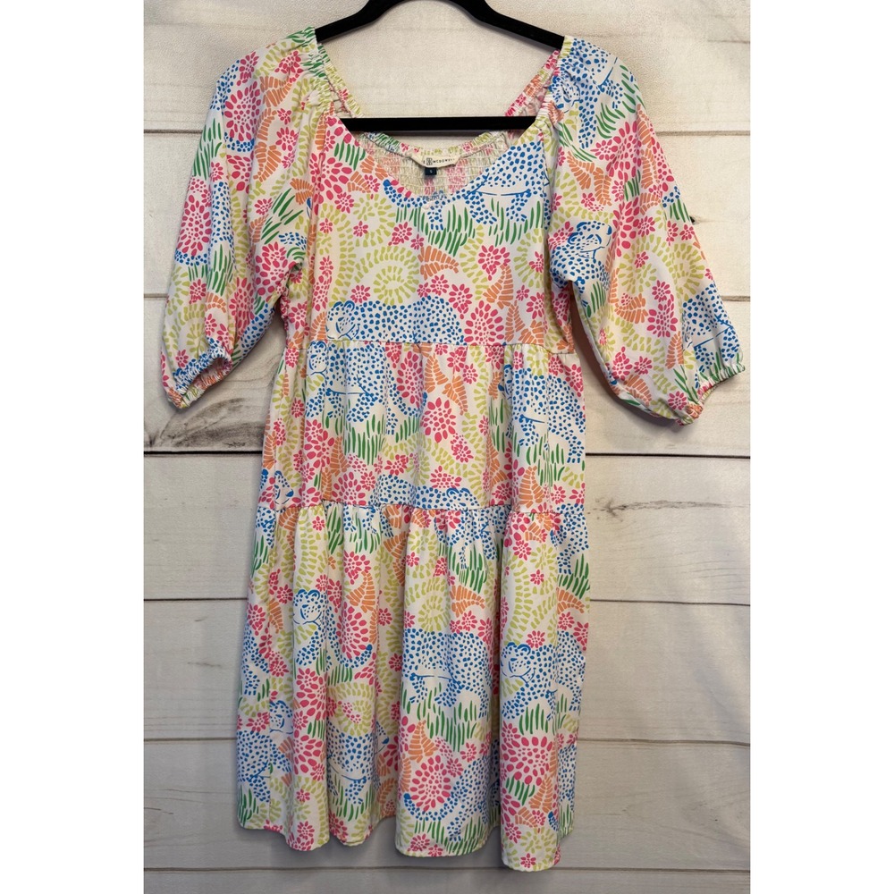Michelle McDowell Leopard Floral Tiered Mini Dress Multi Color Puff Sleeve Small